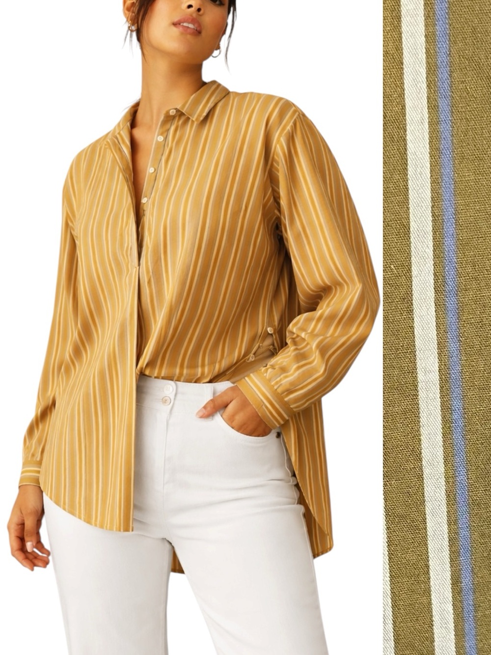 Anthropologie Mustard Brown Blue Striped Popover Blouse Side Button Tunic Top M